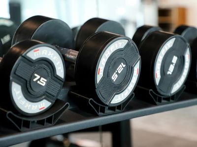Row of heavy dumbbells on a rack